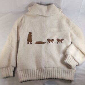 Brown Bison Dog Sled Igloos Pure New Wool Zip Sweater Collar Knit S Small Cream